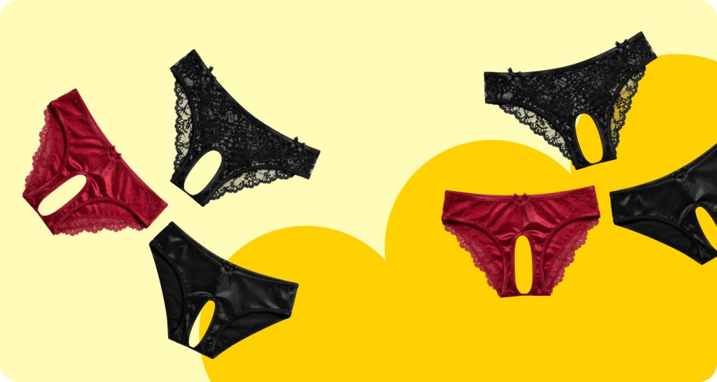 Materiali slip crotchless: pizzo nero satin rosso e rete trasparente a confronto